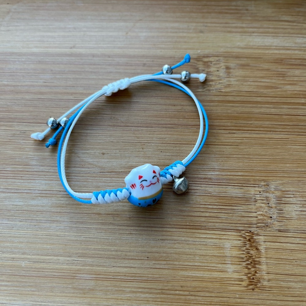 Lucky Cat Maneki Neko Charm Light Blue and White Handmade Bracelet